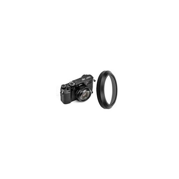 Black UV filter ring displayed next to a Fujifilm X100 series compact camera against white background