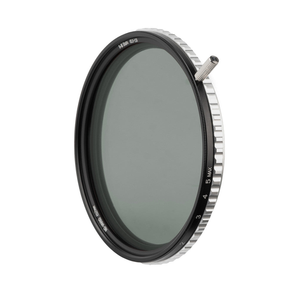 Front angled view of a circular variable ND filter with adjustment ring showing density scale from 2 to 5 MAX stops.