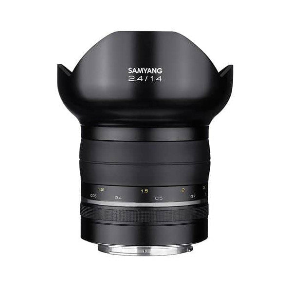 Black Samyang 14mm f/2.4 XP Premium lens photographed from the front, showing the distinctive wide-angle hood and focus ring.