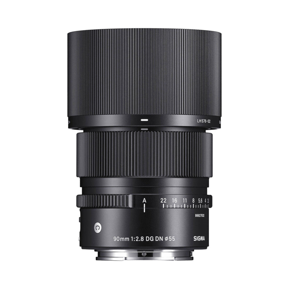 Front view of Sigma 90mm f/2.8 DG DN lens showing barrel, aperture ring, and lens hood against white background.