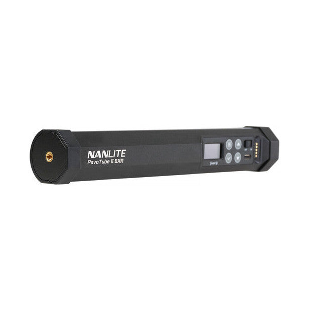 Side view of Nanlite PavoTube II 6XR LED tube light showing cylindrical barrel with control panel and buttons on right end.