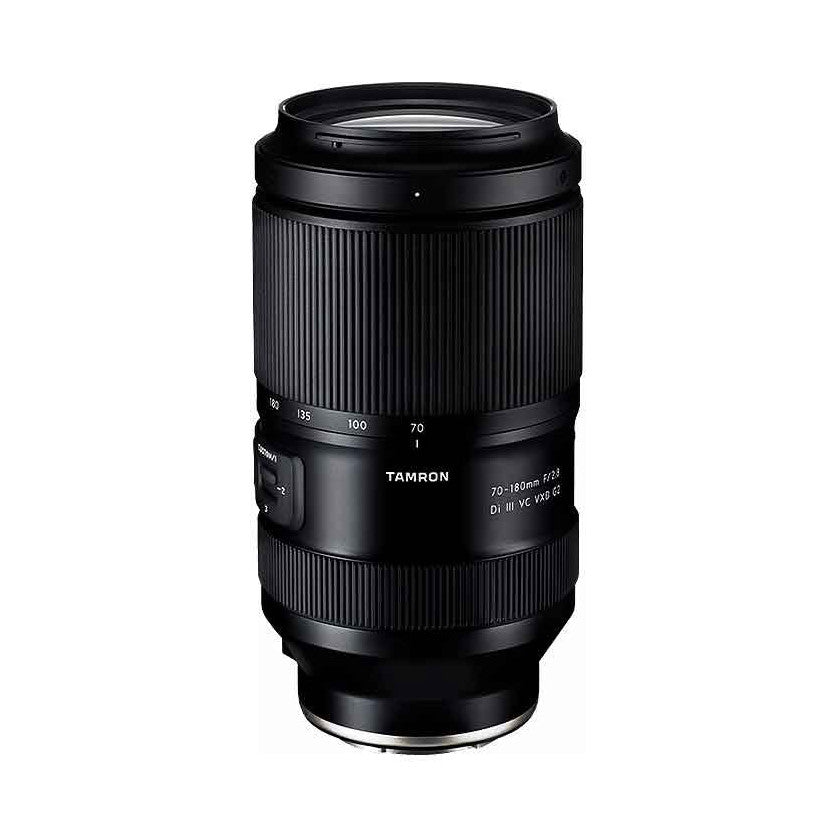 Black telephoto zoom lens shown from front angle against white background, displaying barrel with focal length markings and Tamron branding.