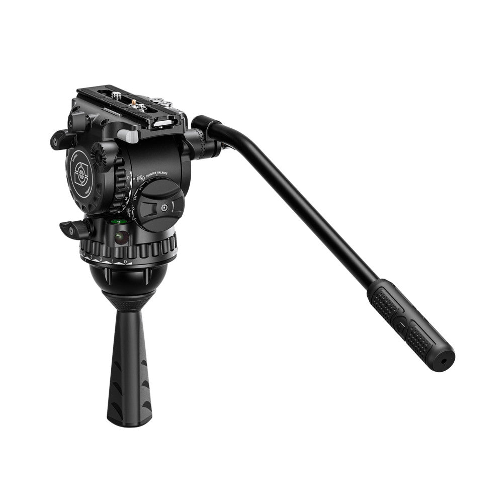Professional fluid video head with pan handle extended, shown from side angle against white background.