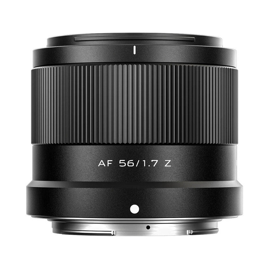 Black Viltrox AF 56mm f/1.7 Z lens photographed from the front against a white background, showing the focus ring and lens markings.