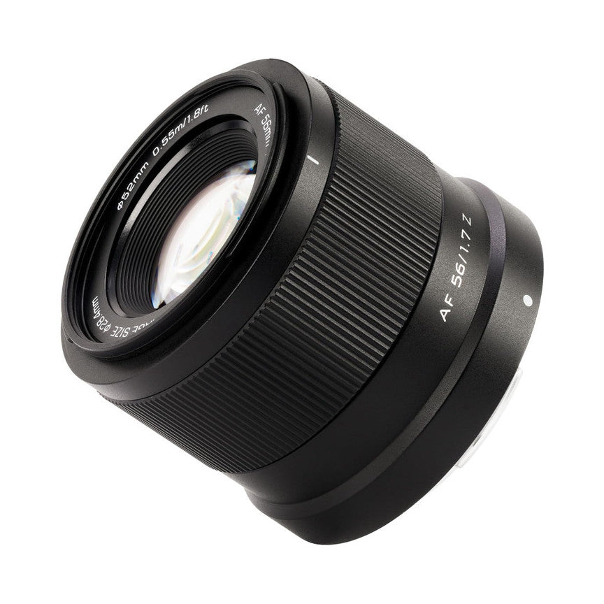 Black Viltrox AF 56mm f/1.7 lens for Nikon Z mount displayed at an angled three-quarter view against white background, showing front glass element and textured barrel.