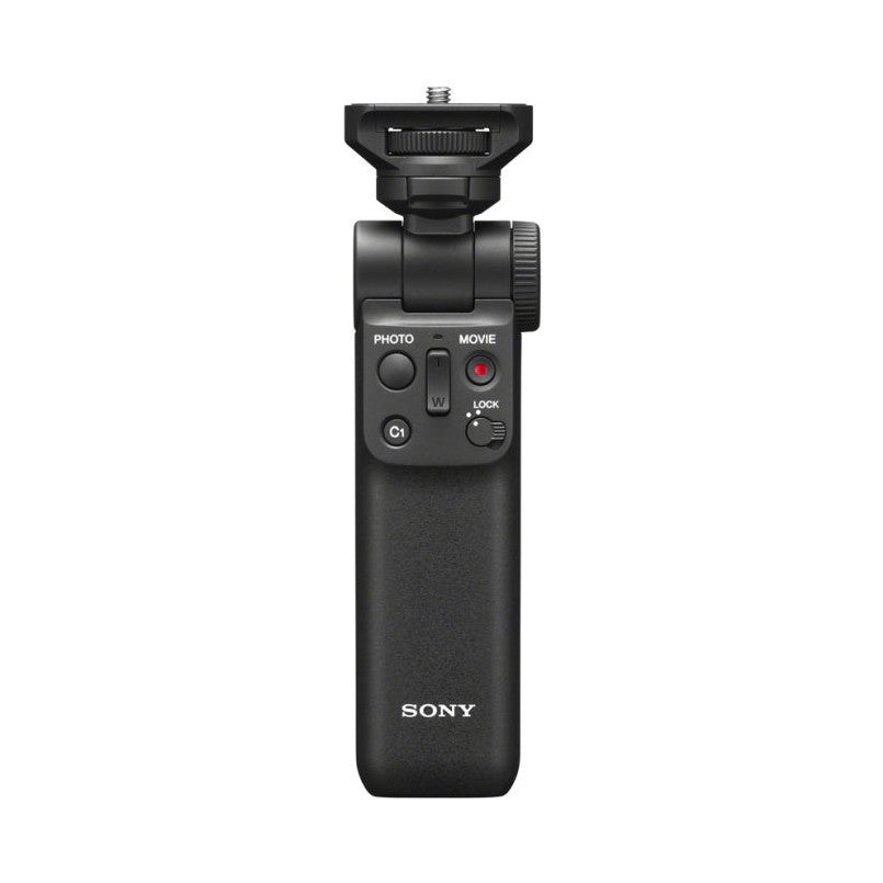 Front view of Sony GP-VPT2BT shooting grip showing control buttons, hot shoe mount, and grip handle against white background.