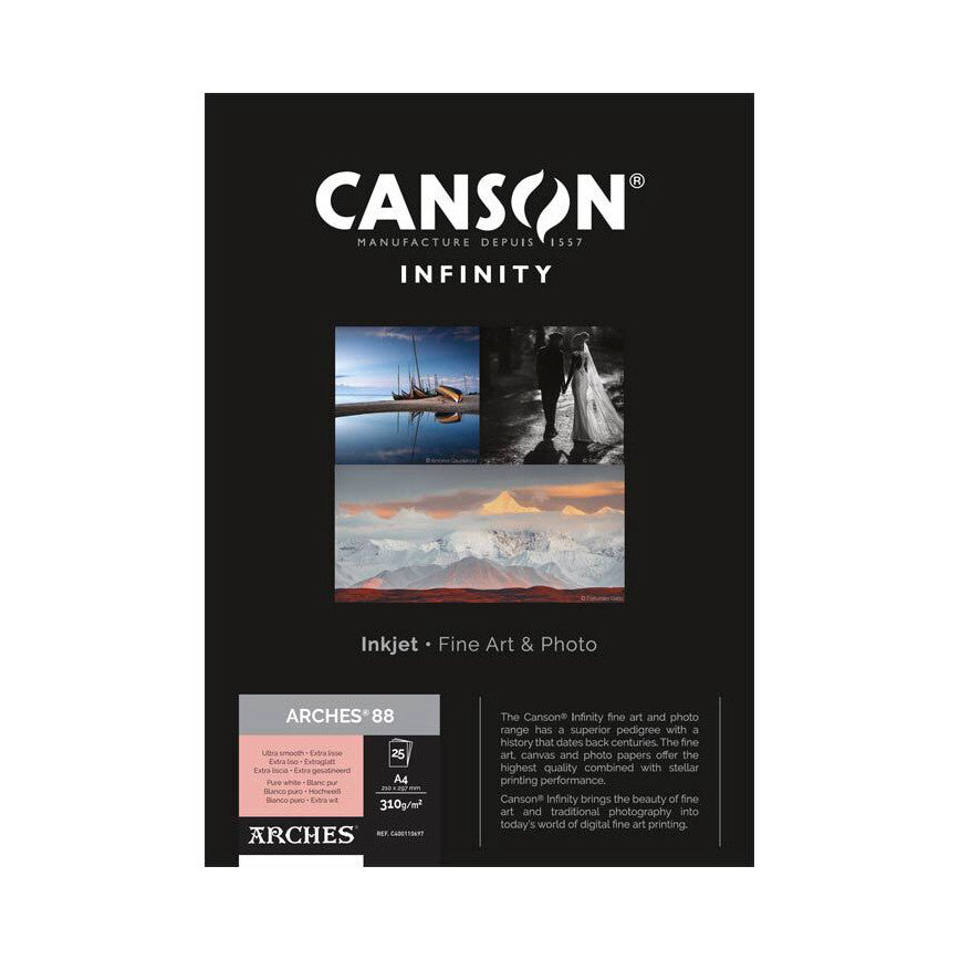Front of Canson Infinity Arches 88 paper package showing product images, specifications, and marketing text on black background.