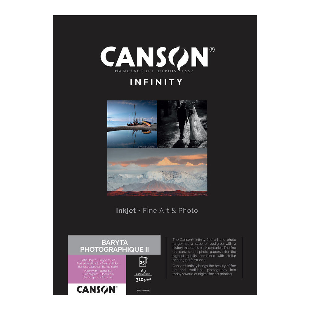 Product packaging box for Canson Infinity Baryta Photographique II photo paper, showing front label with sample fine art photographs and specifications.