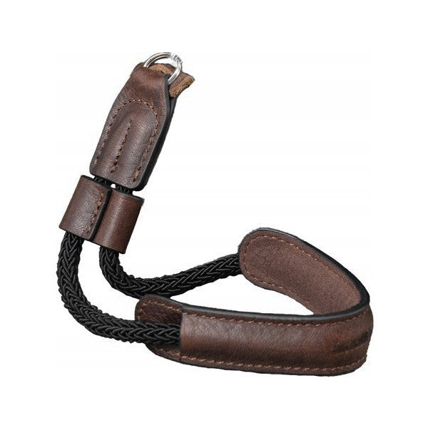 Brown leather and black braided wrist strap with metal attachment ring, displayed flat against white background showing both the loop and connection hardware.