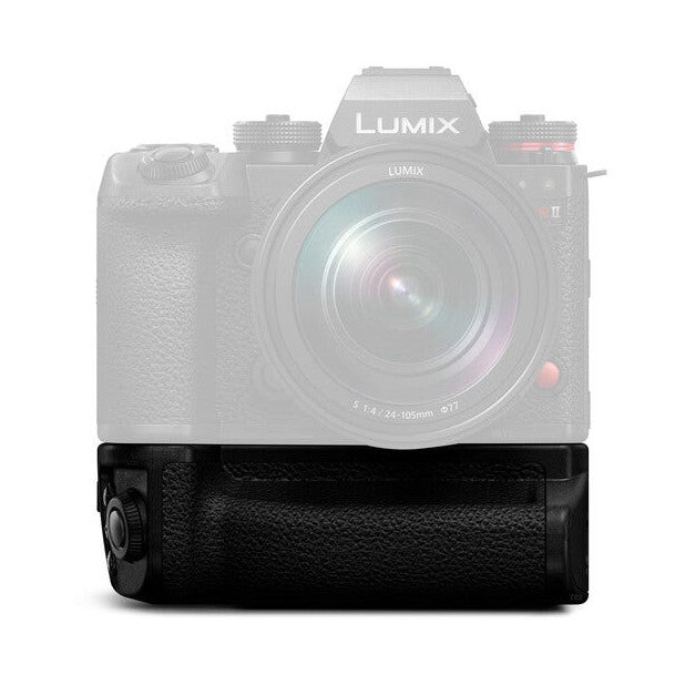 Black battery grip attachment shown mounted below a Panasonic Lumix S1R II camera body, front-facing view against white background.