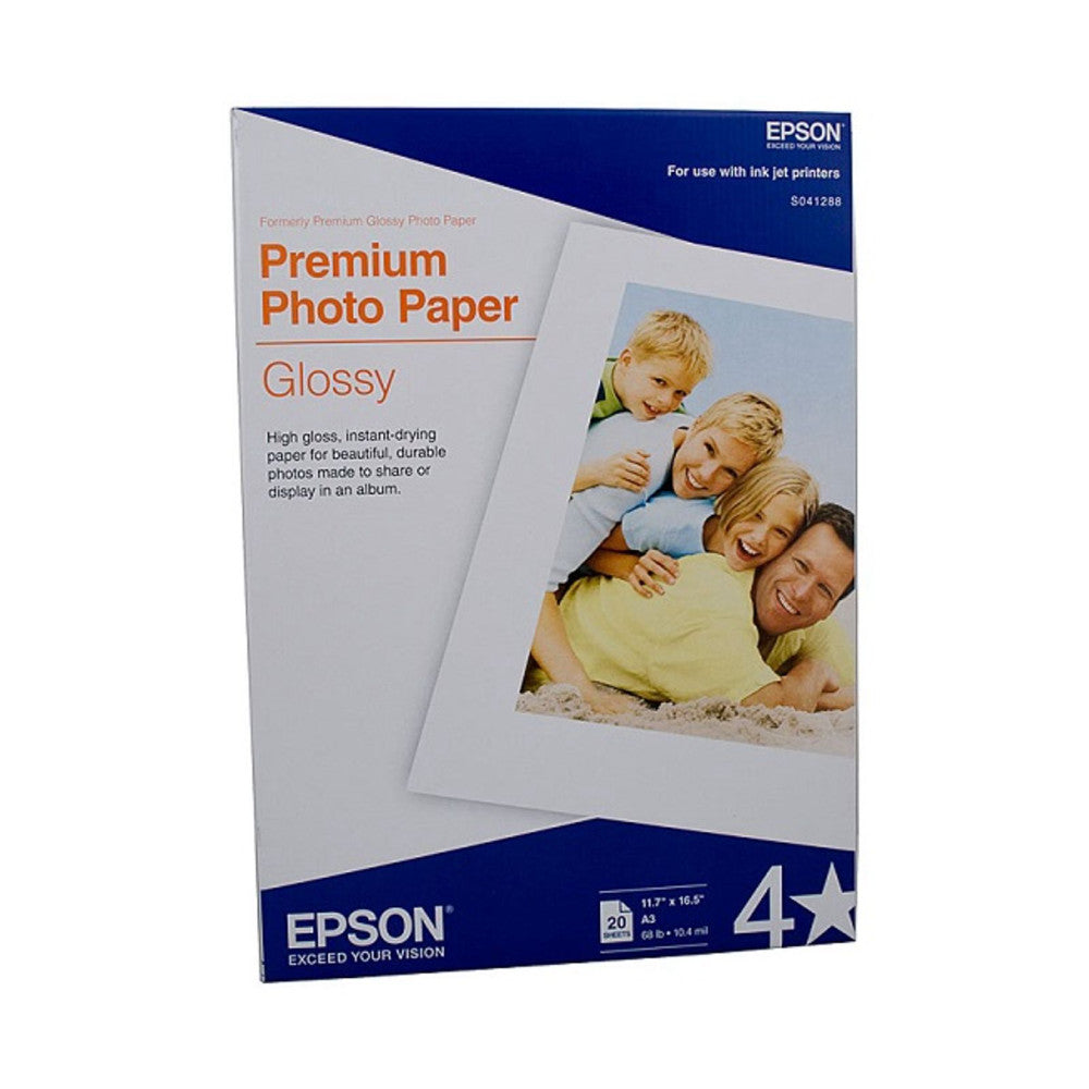 Front of Epson Premium Photo Paper glossy A3 box showing product branding, features description, family photo sample print, and 20-sheet count indicator.