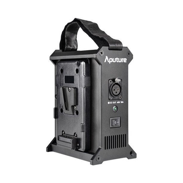Aputure 2-Bay Power Station V-Lock shown from the side angle, displaying battery mounting slots, XLR connector, power switch, and carrying handle.