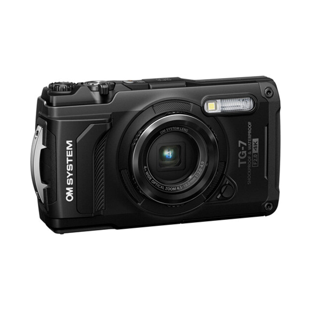 Black Olympus TG7 rugged compact camera shown from front three-quarter angle, displaying lens, flash, and OM System branding on body.