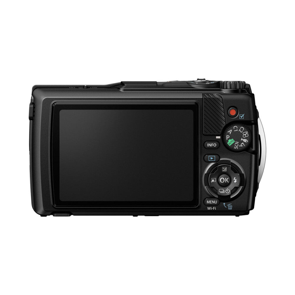 Rear view of black Olympus TG7 compact camera showing LCD screen, control dial, OK button, and menu/Wi-Fi controls.