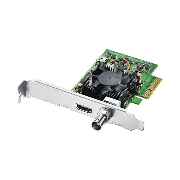 PCIe video capture card shown at angle displaying green circuit board, black heatsink, HDMI and SDI connectors on metal bracket
