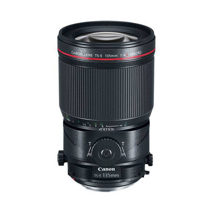 Canon TS-E 135mm f/4L Macro lens shown from front angle against white background, displaying barrel, focus ring, and tilt-shift mechanism.