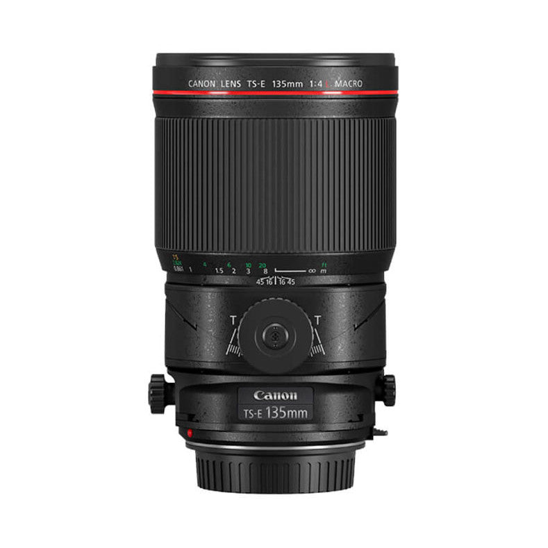 Canon TS-E 135mm f/4L Macro lens shown from front view against white background, displaying red band and focus markings.