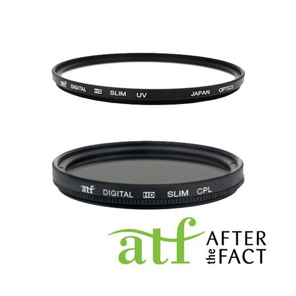Two camera filters displayed side-by-side with text labels, showing UV filter on top and CPL filter below, with ATF brand logo at bottom.