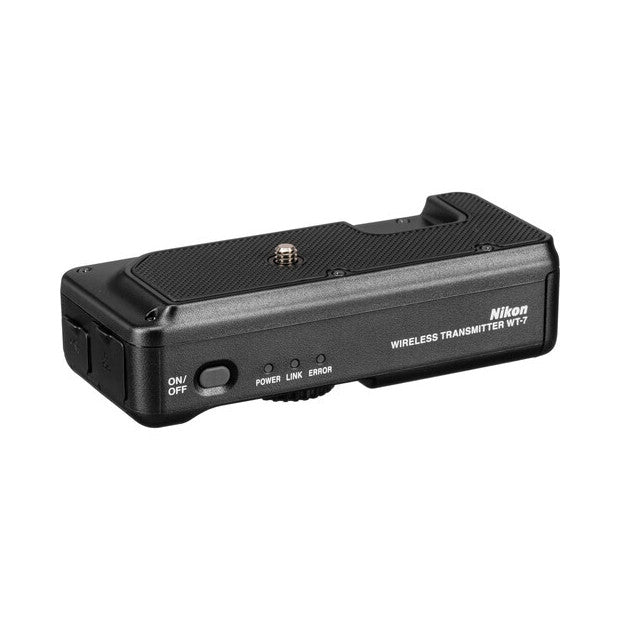 Black Nikon WT-7 wireless transmitter shown from side angle, displaying ON/OFF switch, Power Link and Error indicators on the device body.
