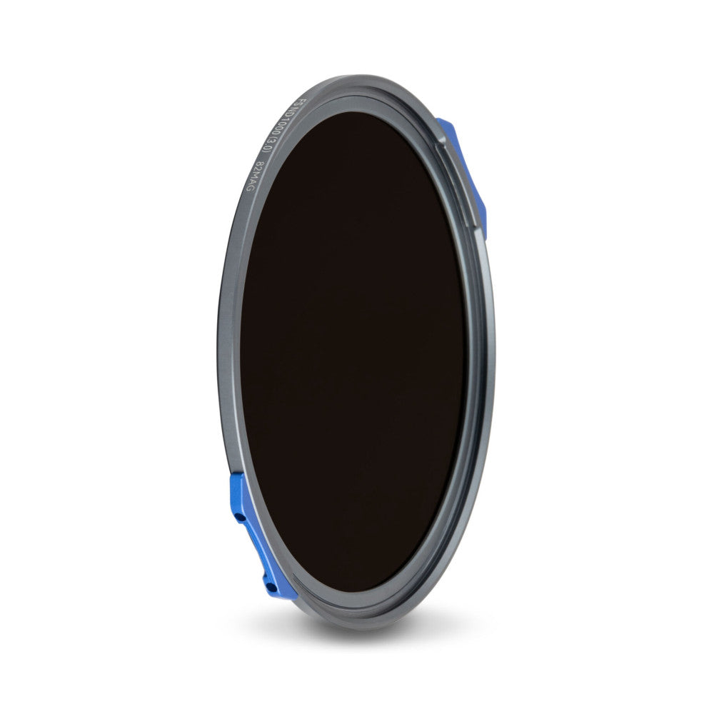 NiSi JetMag Pro magnetic filter holder shown at an angle, displaying the gray ring frame with blue mounting tabs and dark circular filter glass.