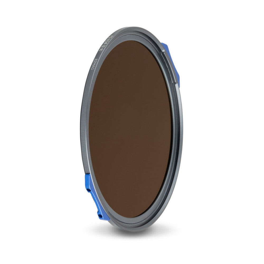 Angled side view of a circular dark gray filter ring with blue magnetic clips and brown-tinted glass lens visible from above.