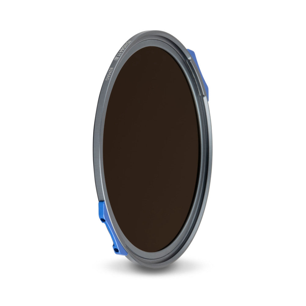 Side view of a round magnetic filter holder with gray frame, blue lever clips, and dark tinted glass center against white background.