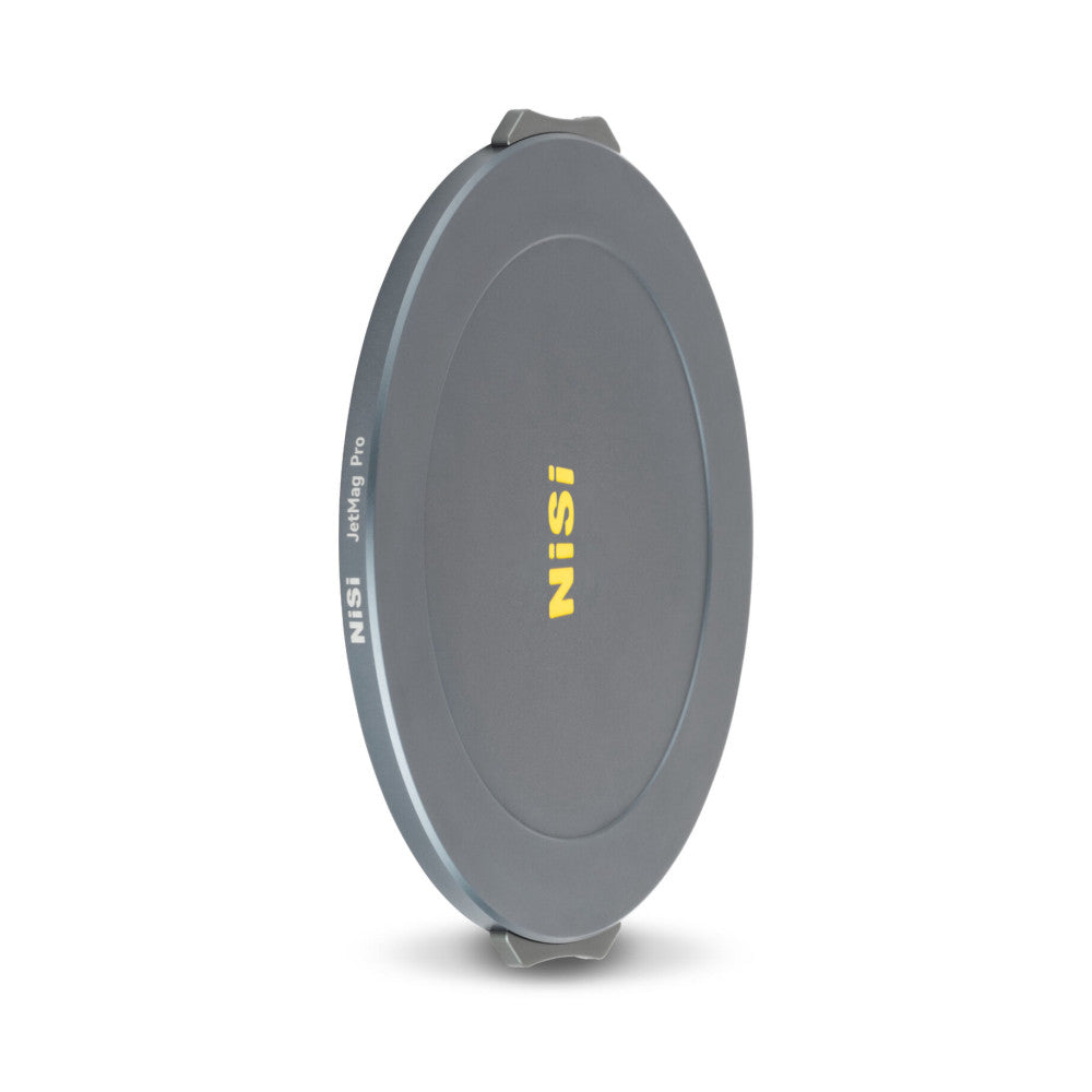 NiSi JetMag Pro circular filter case shown from front angle, displaying gray exterior with yellow NiSi branding and text on lid.