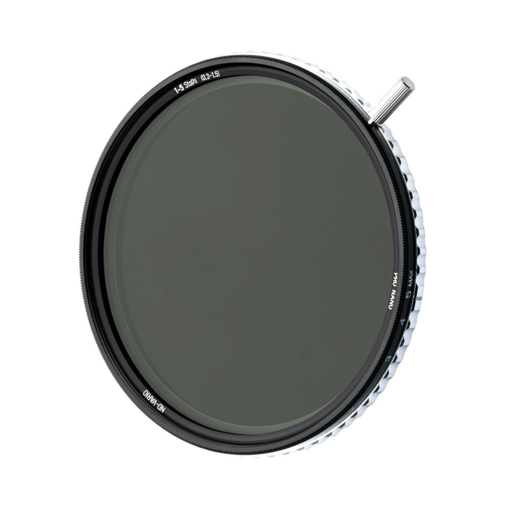 Front view of a circular NiSi variable neutral density filter showing the dark glass element, black threaded ring, and adjustment dial on the right edge.