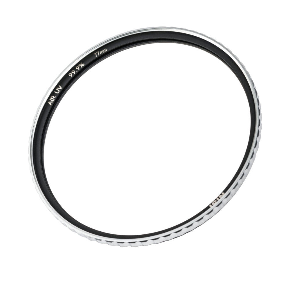 Angled view of a 71mm circular UV filter with black and silver bands showing AIR UV and ULRC coating specifications.
