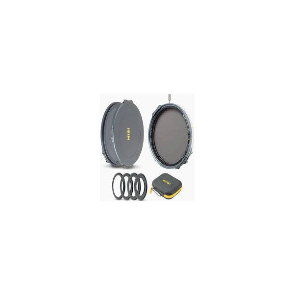 Four-piece NiSi filter kit shown from multiple angles: magnetic case, variable ND filter, adapter rings, and storage pouch displayed flat.