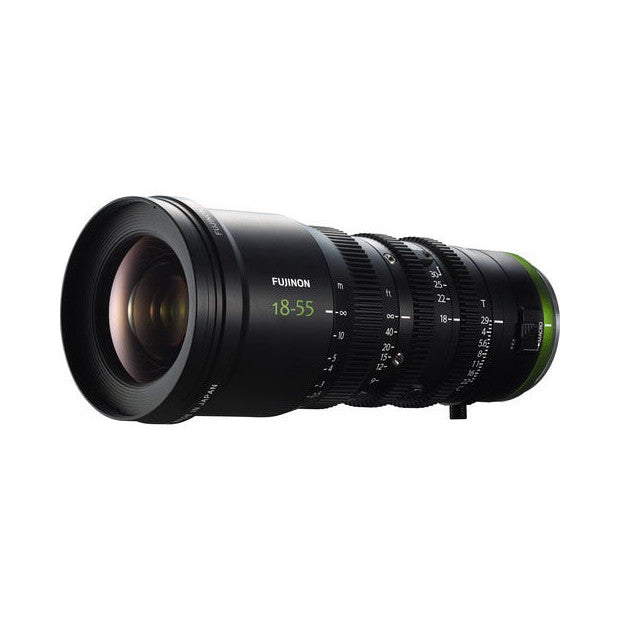 Black cinema zoom lens with green accent ring shown from the side at three-quarter angle against white background.