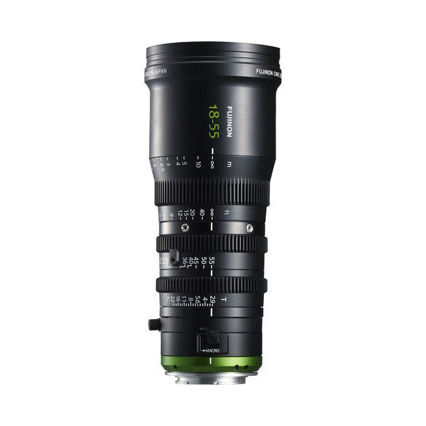 Black cinema lens with green focus ring shown in front view against white background, displaying focal length markings and aperture scale.