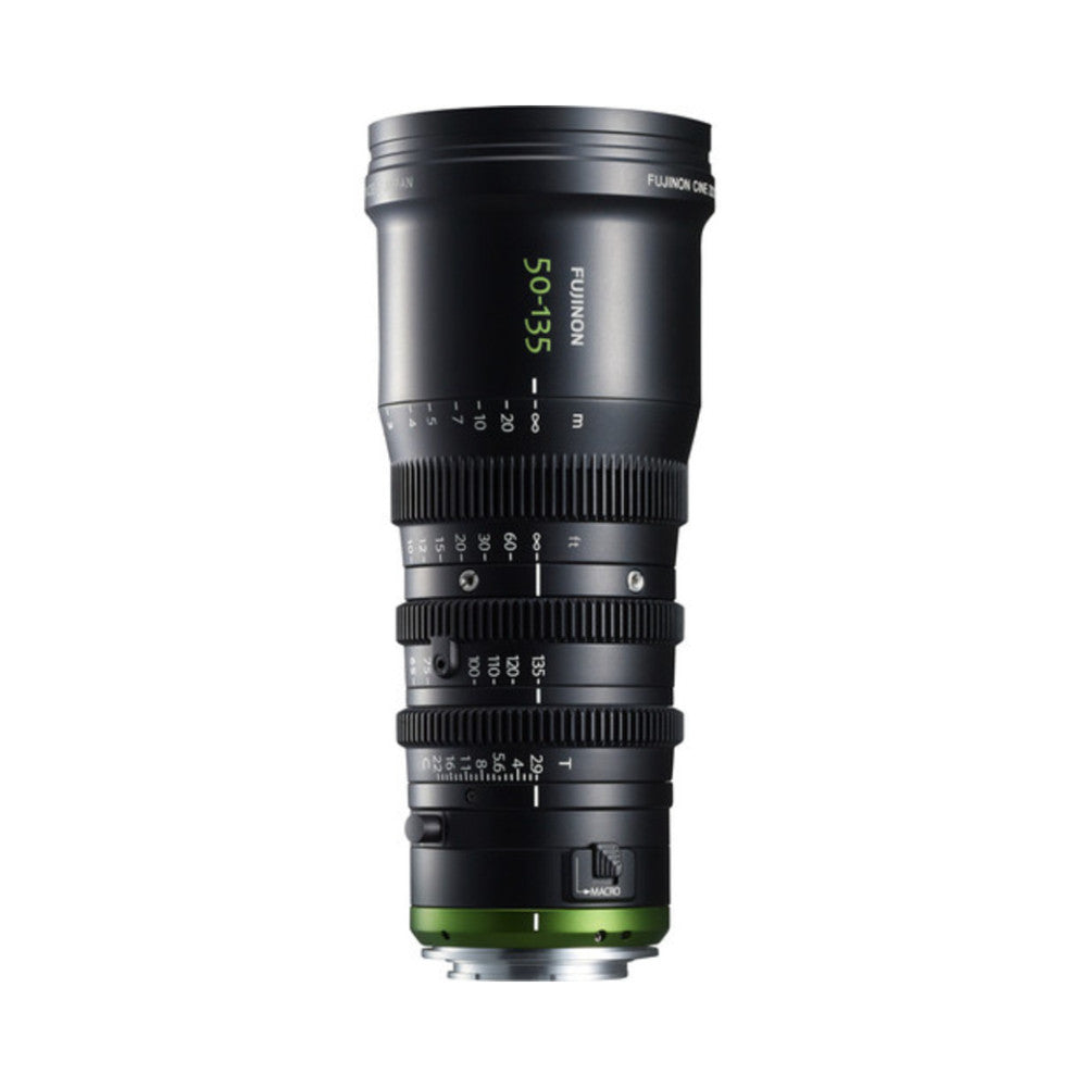 Black cinema zoom lens with green accents, shown from front side angle displaying focal length markings and focus rings against white background.