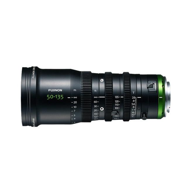 Side view of Fujifilm MK 50-135mm T2.9 cinema lens showing focus and aperture rings with green accent ring on rear element.
