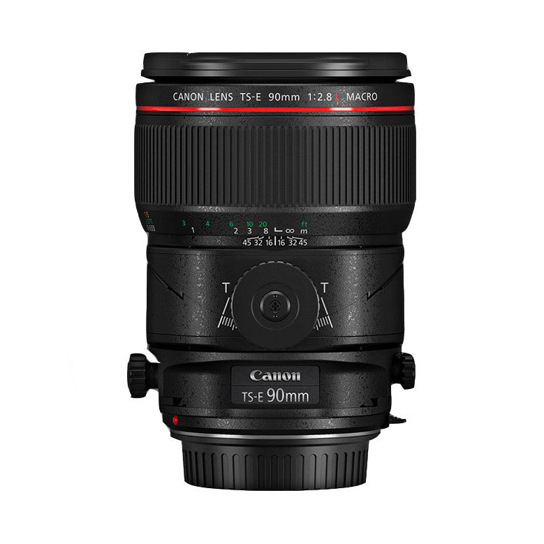 Canon TS-E 90mm f/2.8L Macro lens displayed front-facing against white background, showing barrel, focus ring, and tilt-shift mechanism.