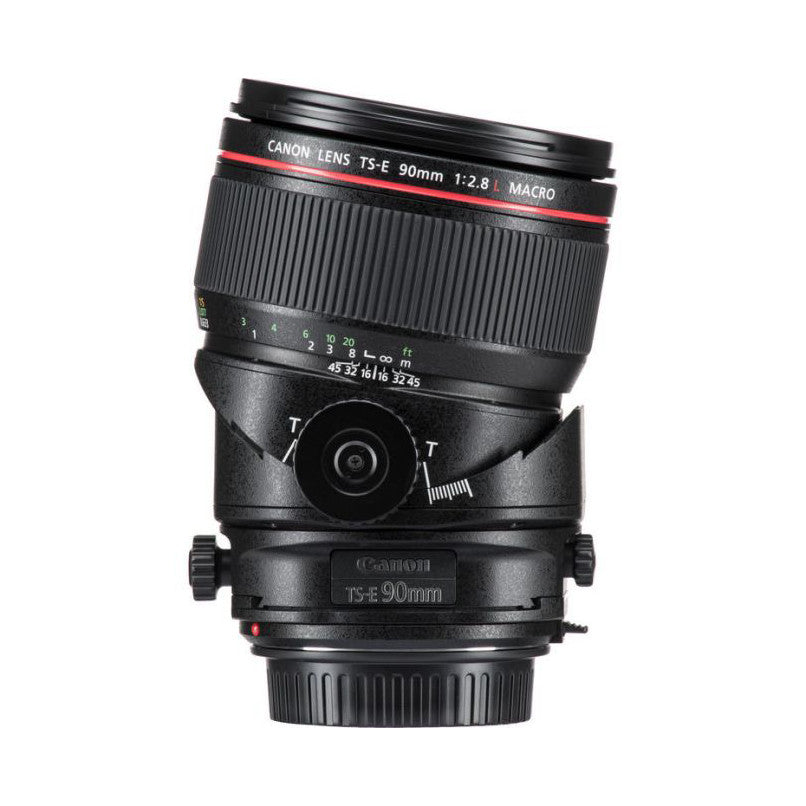 Canon TS-E 90mm f/2.8L Macro lens shown from front view against white background, displaying barrel, focusing ring, and tilt-shift mechanism.