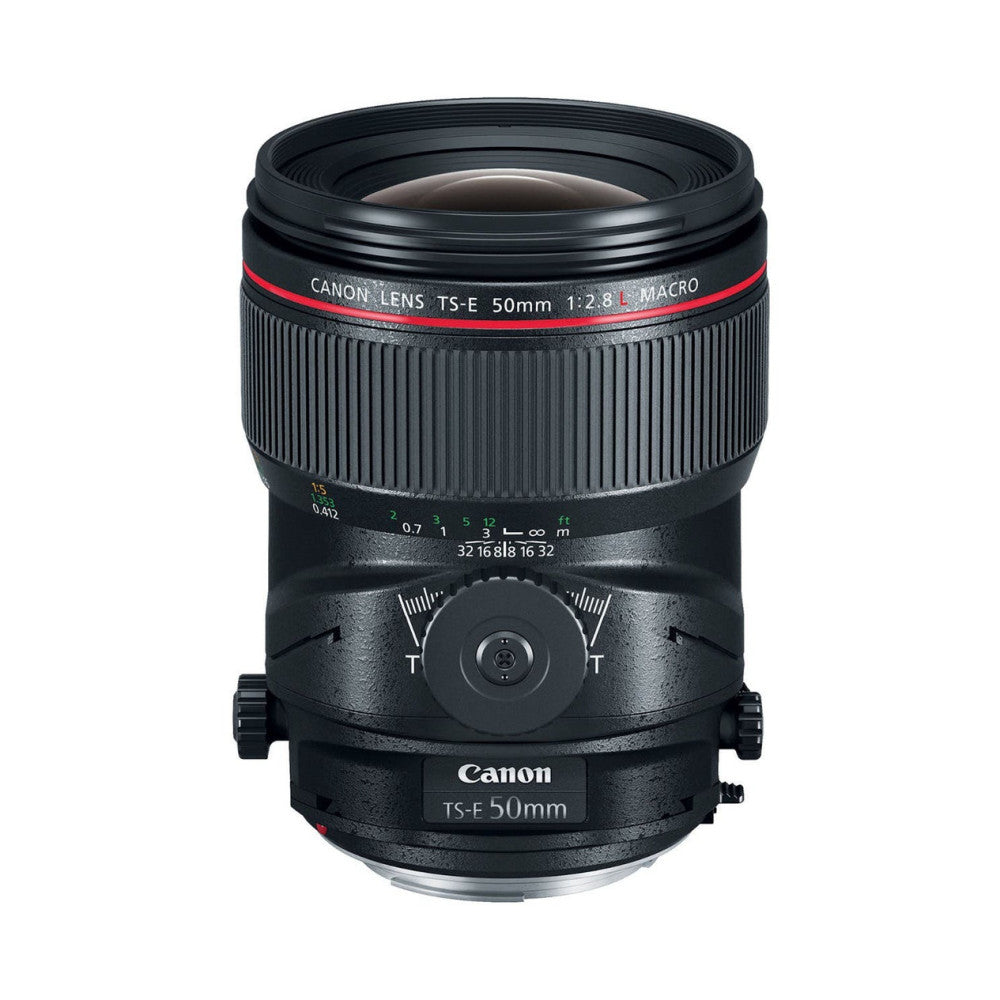 Front view of Canon TS-E 50mm f/2.8L Macro lens showing barrel, focus ring, and tilt-shift mechanism against white background.