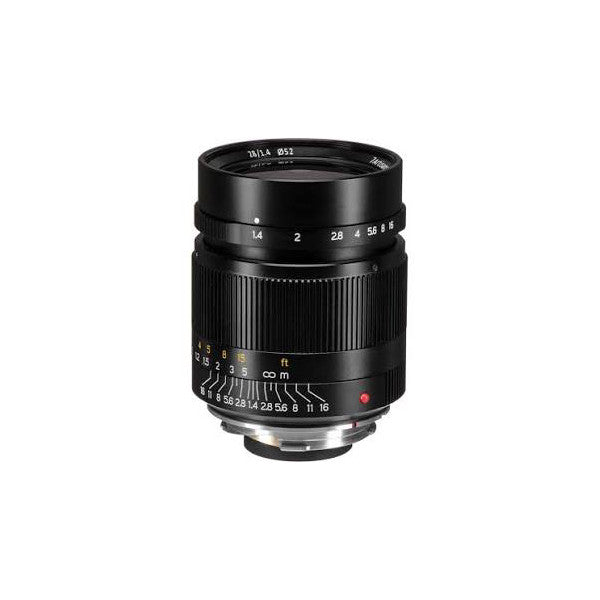 Black manual focus lens shown from front angle, displaying aperture ring, focus ring, and M-mount bayonet at base.