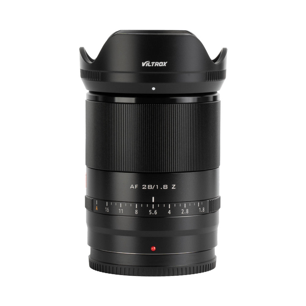 Black Viltrox AF 28mm f/1.8 lens with lens hood attached, shown front view against white background displaying aperture ring and focus scale.