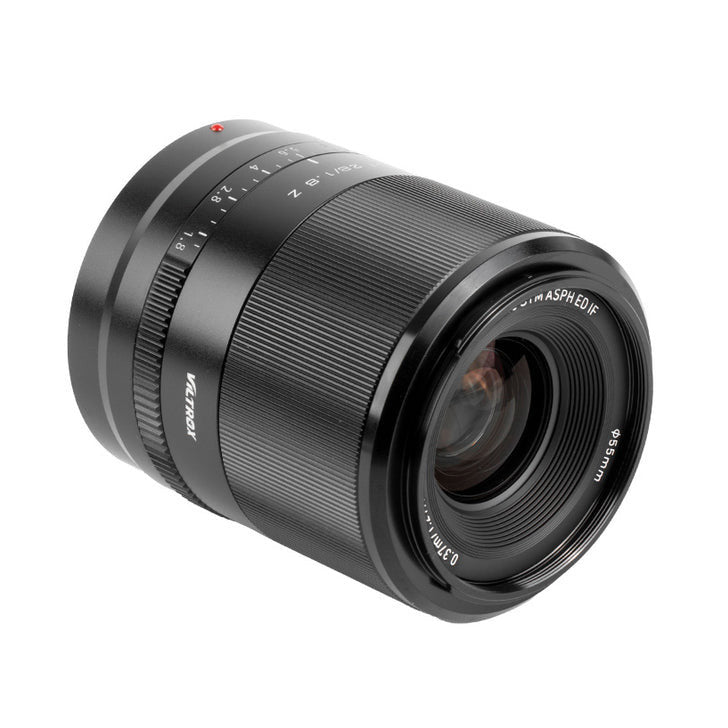 Black Viltrox AF 28mm f/1.8 camera lens for Nikon Z mount displayed at three-quarter angle against white background