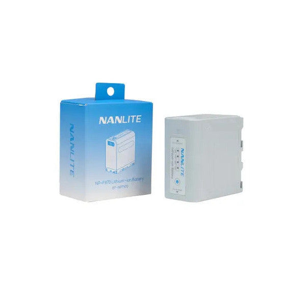 Nanlite NPF970 battery shown with its blue retail packaging on the left and the white battery unit on the right against a white background.
