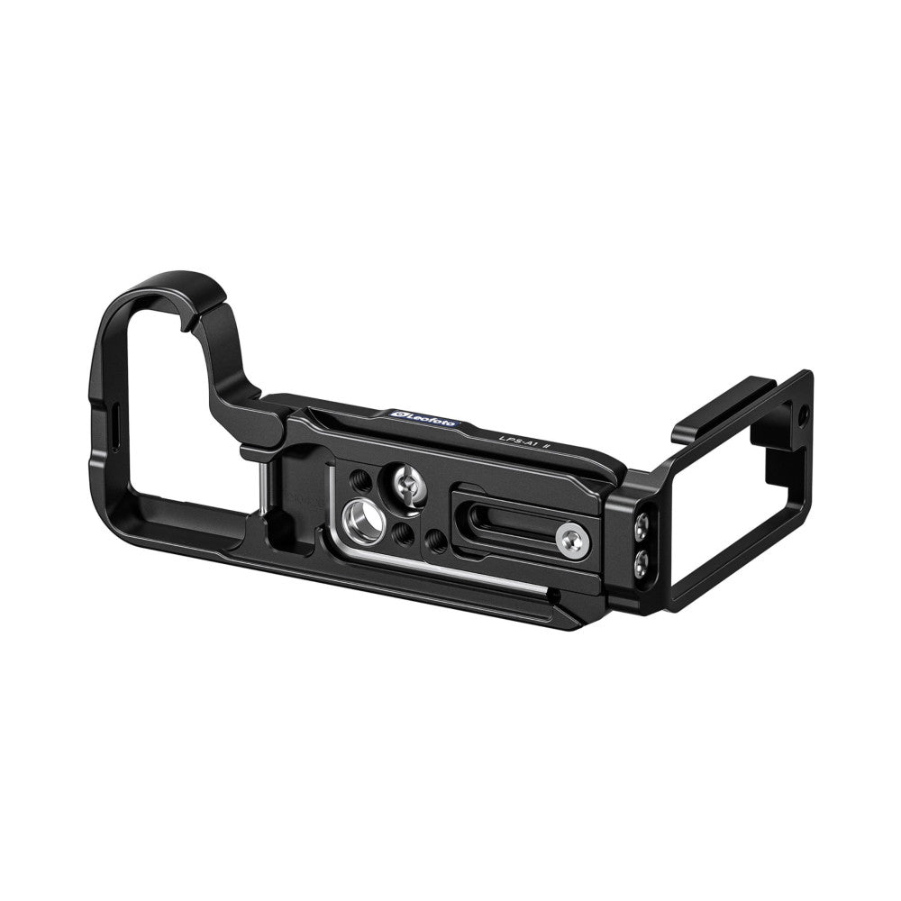 Black metal L-bracket with ergonomic handles, shown from side angle against white background, featuring mounting slots and adjustment knobs.