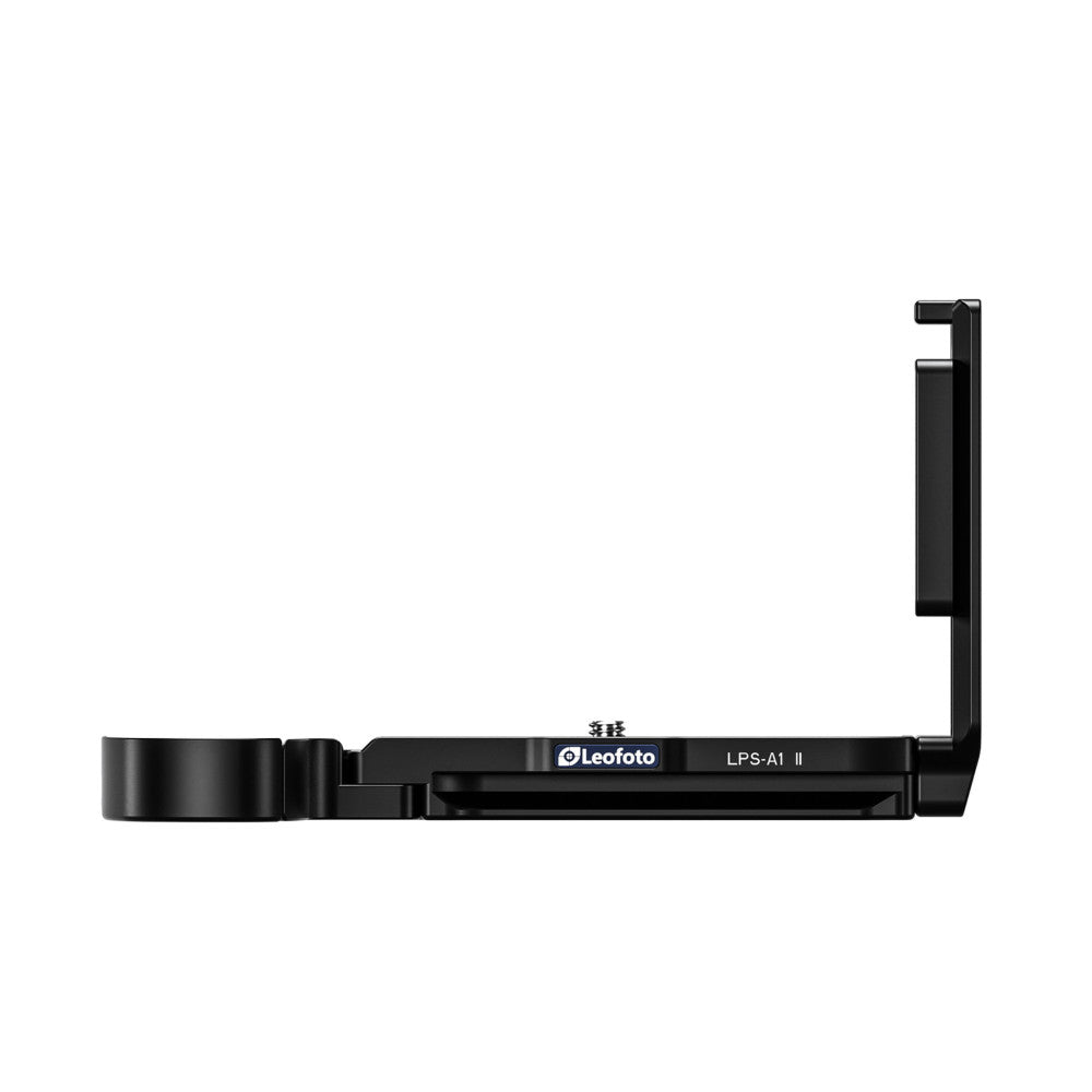 Side view of black Leofoto LPS-A1 II L-bracket showing the horizontal base plate and vertical quick-release handle against white background.