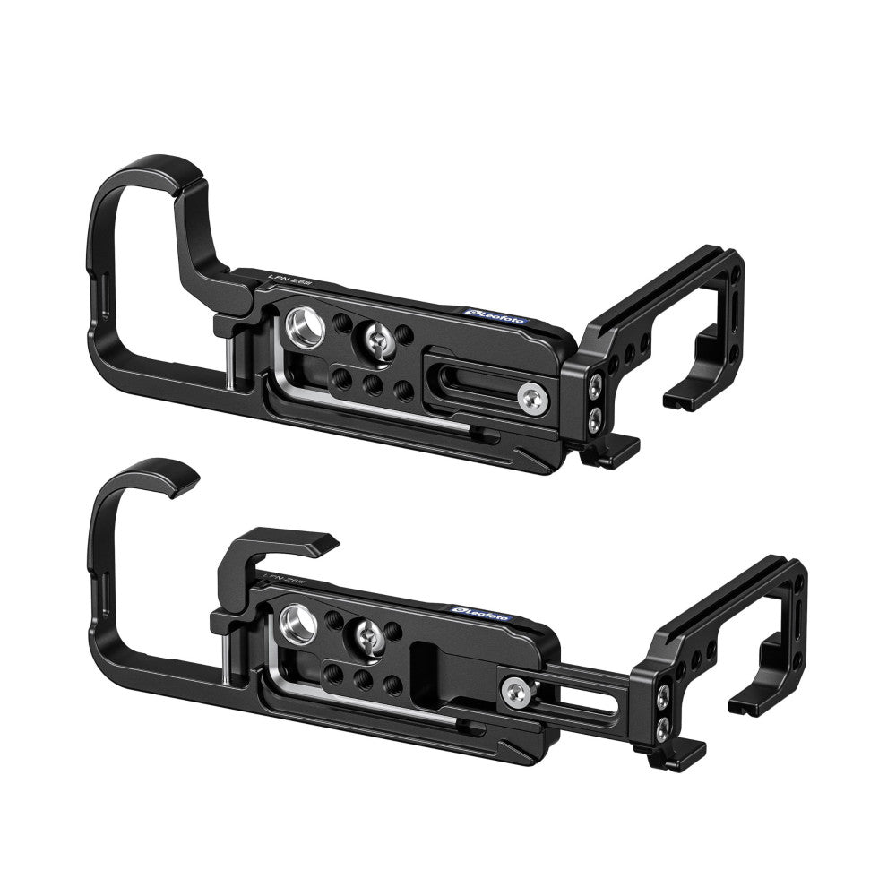 Two black L-brackets for Nikon Z6III shown from different angles, featuring handles, mounting plates, and adjustment knobs.