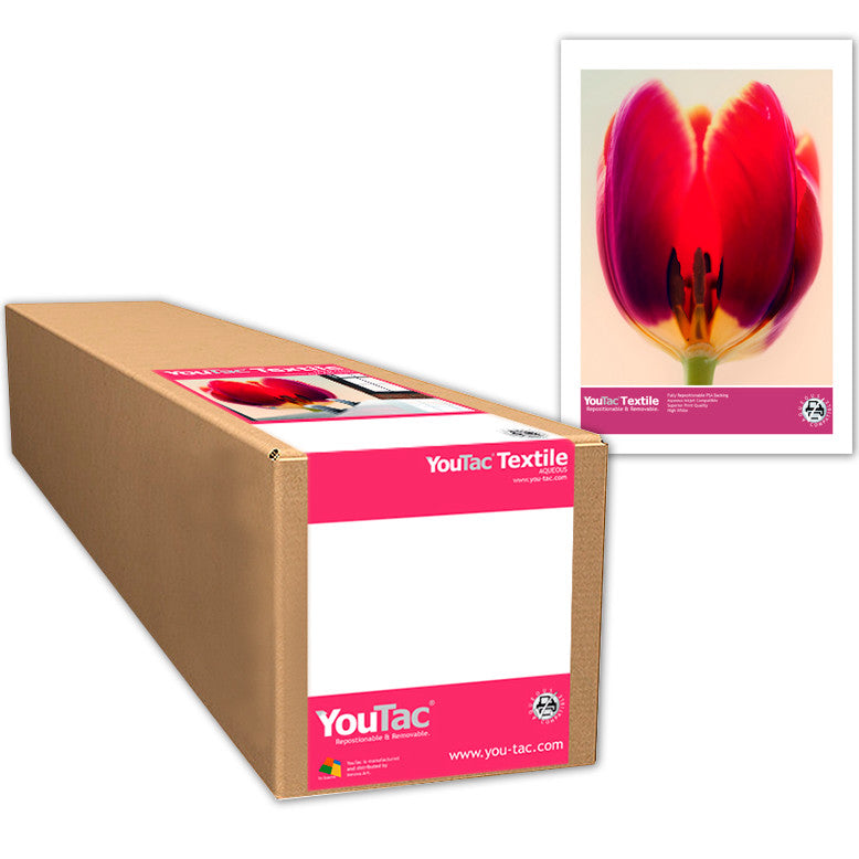 Cardboard product box with pink YouTac Textile branding displayed at an angle, with sample print of red tulip shown above