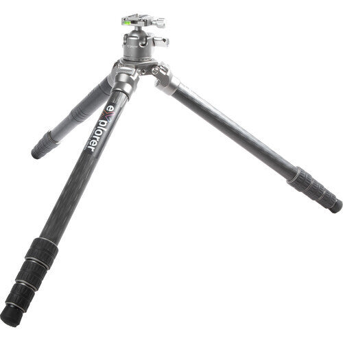 Carbon fiber tripod with extended legs and ball head mount, shown from front angle against white background.