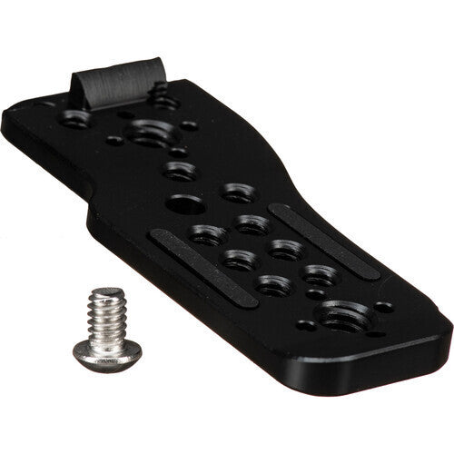 Black side plate with multiple threaded mounting holes and a single screw displayed separately on white background.