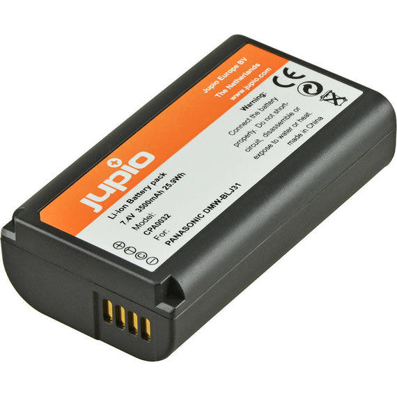 Black rechargeable lithium-ion camera battery with orange label and gold contact pins, shown at an angle against white background.