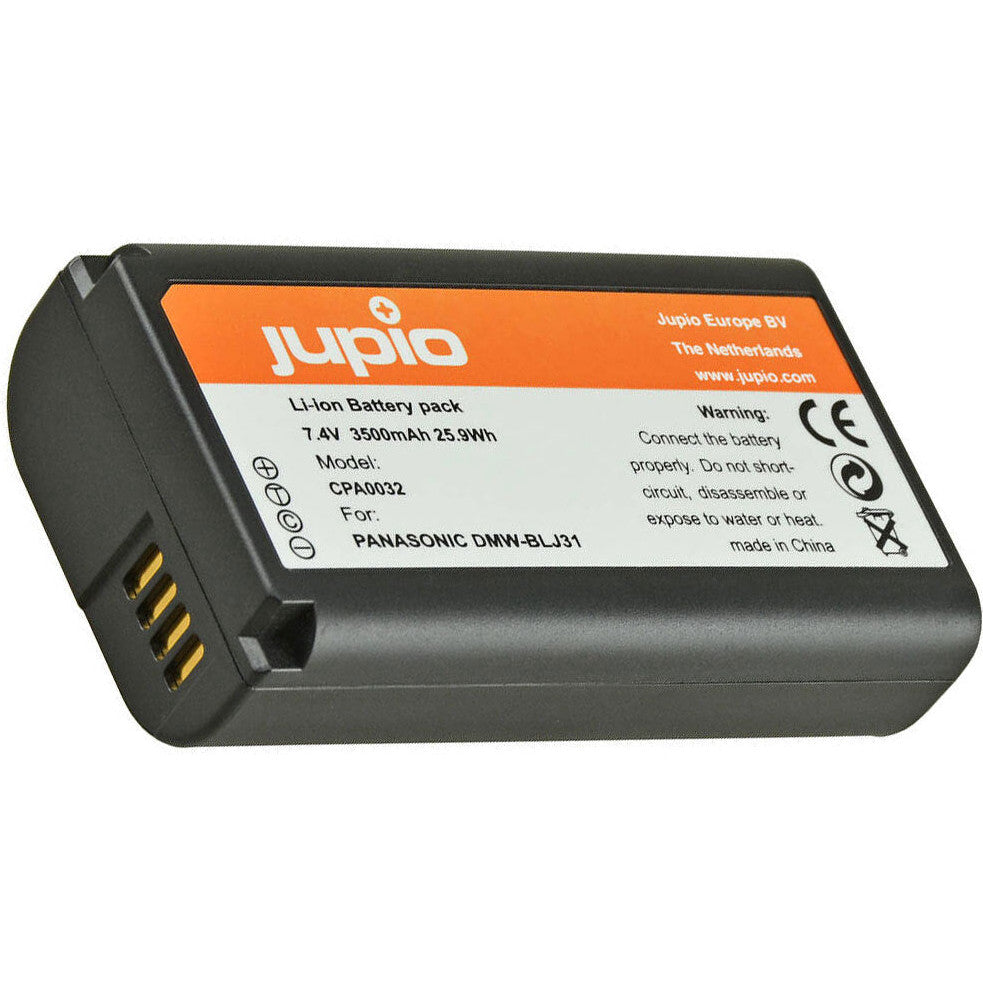 Black lithium-ion battery pack shown at angle, displaying orange Jupio label with specifications and gold contact pins visible on side.