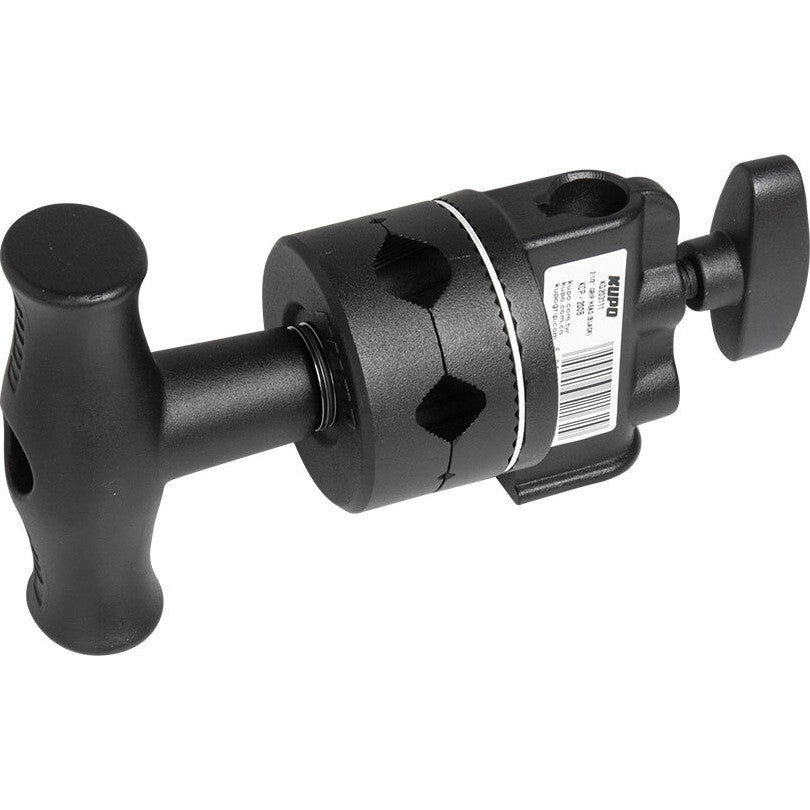 Black grip head with large handle shown from side angle, displaying central knob, mounting plate, and adjustment mechanisms against white background.